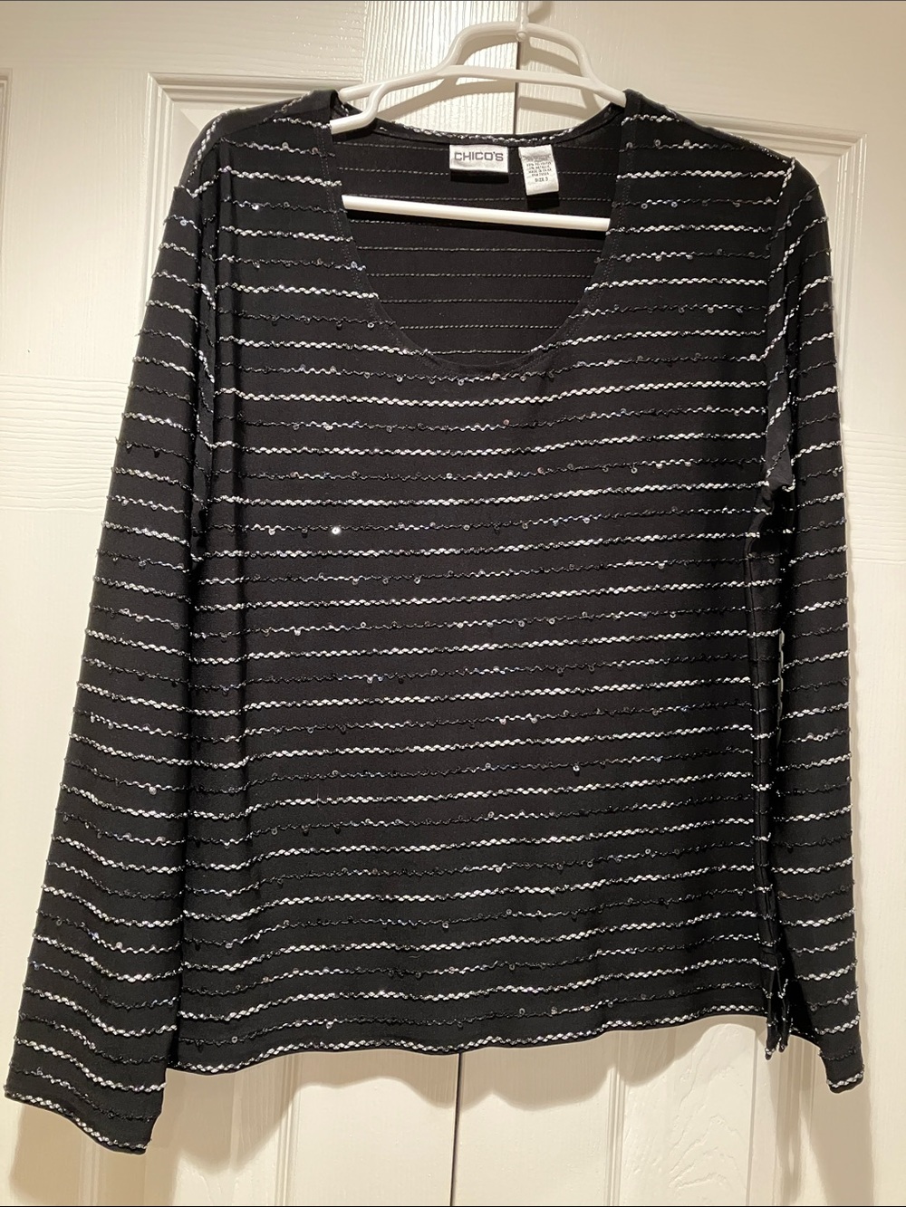Chico's Black V-Neck Long Sleeve Sweater with Silver Stripe Detail